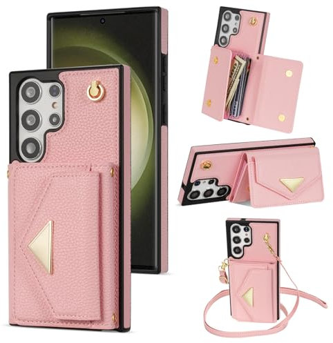 Custodia a portafoglio per iPhone 15 Plus, custodia a portafoglio in pelle opaca con tracolla staccabile con fibbia - rosa