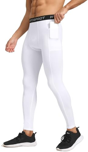 HYCOPROT Pantalon de Compression pour Hommes avec Poches Séchage Rapide Pantalon de Course Base Layer Leggings de Collant pour Basketball Fitness Jogging (Blanc, L)