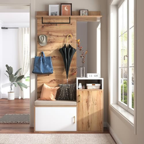 Elegante set bianco appendiabito legno con specchio, scarpiera e panchina (Not a one piece product, requires drilling and punching holes in the wall)