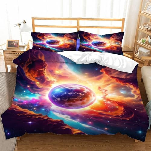 Hongduo 3D Galaxis Bettwäsche Set 135x200 cm Weiche Mikrofaser Weltraum Kinder Bettwäsche-Set mit Reißverschluss 3 Teilig Bettbezug Set mit Kissenbezug 80x80 cm