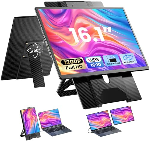Enzion Extensor de Pantalla para Laptop, Monitor portátil de 16.1 Pulgadas 1080P FHD para portátiles de 13 a 17.3 Pulgadas, Monitor Dual Plug-Play con Tipo C/HDMI/USB-A para Wins/MacOS/Chrome