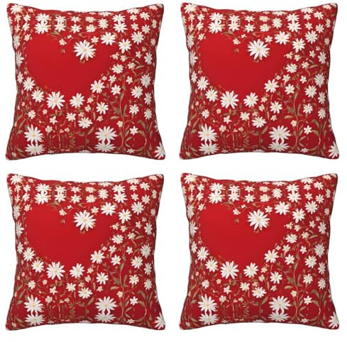 WXWJSHMGC Copricuscino quadrato in poliestere con stampa floreale a forma di cuore, 4 pezzi, per mobili da giardino, divano, con cerniera invisibile