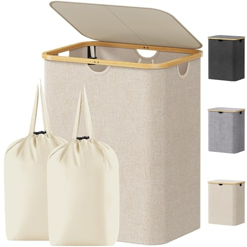 Lifewit 120L Large Laundry Basket with Lid, 2 Removable Bags, Beige