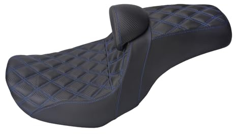 One-Piece Driver Passenger Seat Motorcycle Two-Up Seat Fit for Harley Dyna Super Glide Street Bob Wide Glide Fat Bob Low Rider Switchback 2006-2017 (Blue Stitching)