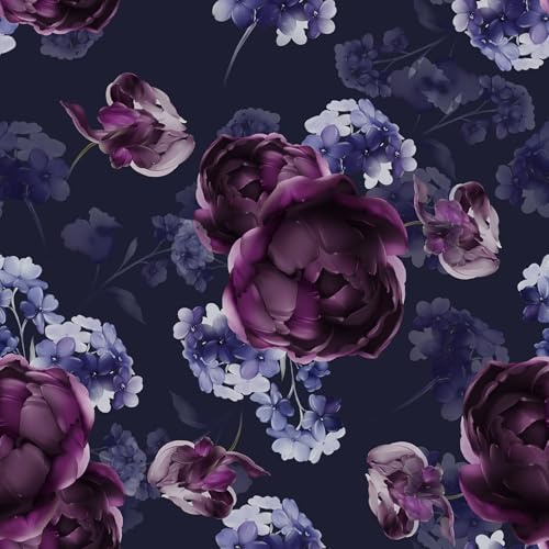 CRE8TIVE Dunkelblau Tapete Blumen Pfingstrose Selbstklebende Folie für Möbel Vintage 30.5 x 300cm Lila Blumen Möbelfolie Schlafzimmer Tapete Badezimmer Wasserfest Küche Wand Klebefolie für Schrank