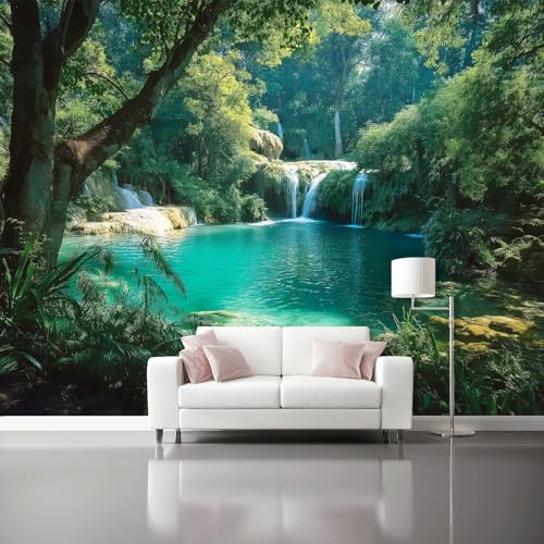 Papel pintado Cascada del bosque Naturaleza Fresca Fotomurales Pared Tejido No Tejido Decorativos Murales Fotográfico Verde Azul Moderno Decoración de Paredes 250 x 175 cm