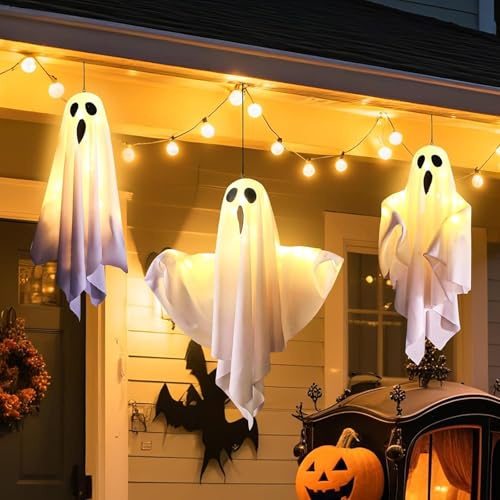 Halloween Luci Fatate Fantasma,3 Pezzi Decorazione di Halloween,Faccia di Fantasma Sospesa con Luci,per Terrazza,Albero,Veranda,Patio,Prato
