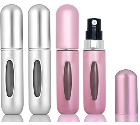 MakoRex - 4 Porta Profumo da Viaggio da 5 Ml - Atomizzatore Profumo Ermetico in Alluminio Robusto e Inossidabile - Portaprofumo da Viaggio Ricaricabile – Elegante Portaprofumo da Borsetta Ricaricabile