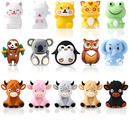 CYGMRFH Perles en Silicone 3D Animaux 15 Pièces, jolies perle focales en silicone, Grand Lot de Perles à Enfiler, Accessoires de Stylos à Perle, pour Création de Porte-clés, Artisanat Fait Main