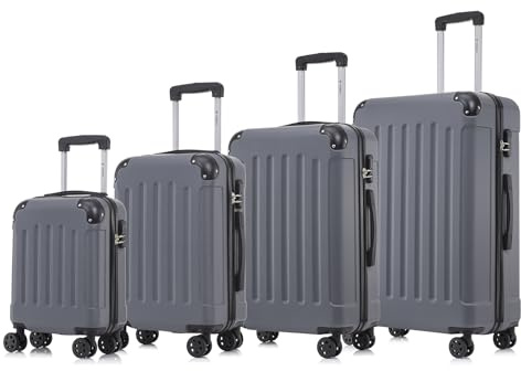 YONSLY Koffer Suitcase Set, Trolley Reisekoffer, Rollkoffer Handgepäck, Kofferset, Gepäckset mit 4 Rollen 360°, Hartschalenreisekoffer, Zahlenschloss, Weicher Gummigriff (4er Set, S,M,L&XL, Grau)