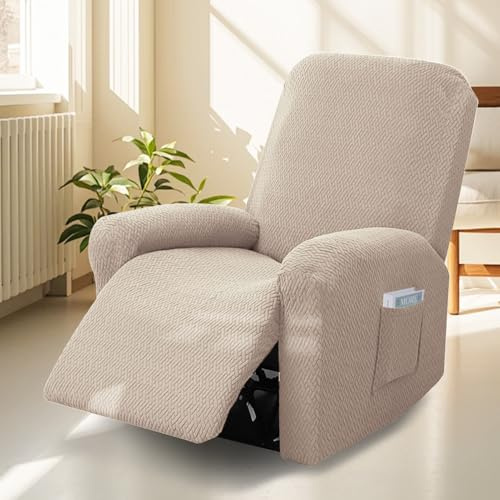 Bocguy Stretch Recliner Chair Cover, 4-Pieces Recliner Armchair Covers for Living Room Reclining Chair Slipcover with Side Pocket, High Spandex Slipcover/Lounge Cover, Slip Resistant