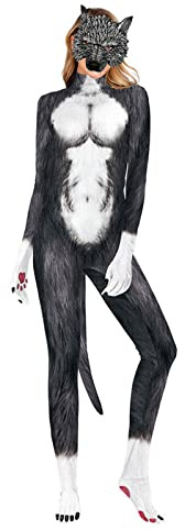 Women's Halloween Fullbody Black Wolf Costume with Mask,Tail, Big Bad Wolf Muscle Bodysuit Animal Catsuit Outfit (Medium)