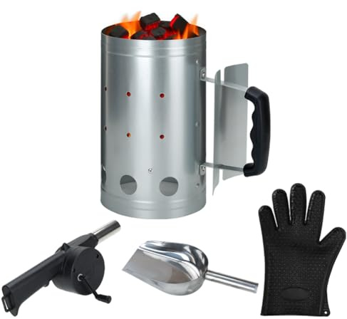 Palmhill Arrancador de chimenea de carbón, arrancador de chimenea de carbón para parrilla, accesorios de chimenea, cubos de encendedor, juego de herramientas para barbacoa, incluye guantes resistentes