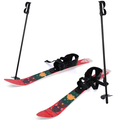 Kid Beginner Snow Skis, Kids Ski Boards with Poles for Toddlers Age 4 and Under, Lightweight Low-Resistance Ski Set with Adjustable Buckle, Christmas-Themed Pattern, Safe Skiing Equipment (Red)