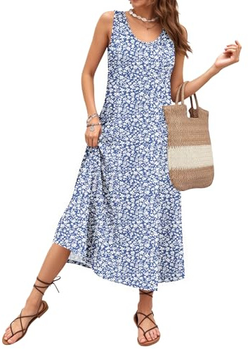 AUSELILY Abito Estivo da Donna Senza Maniche Modello a Trapezio Abito Lungo Casual con Scollo a U Vestito Ampio per Le Vacanze e la Spiaggia con Tasche Floreale GY BU S XL