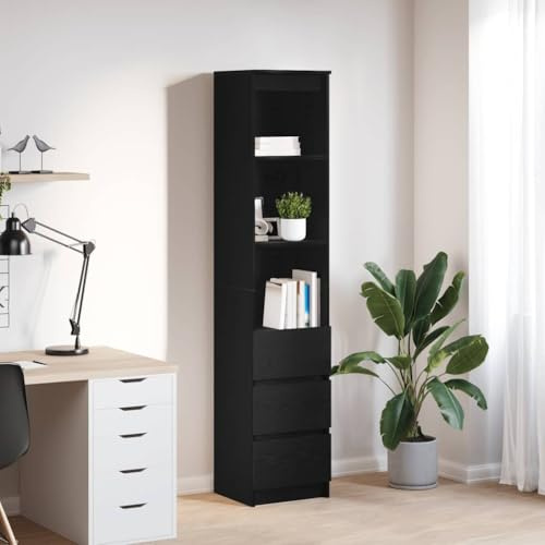 GeenYuu Highboard Black Oak Look, 37.5 x 35 x 180 cm, Wood Material, Narrow Chest of Drawers with Drawers, Versatile Storage Space for Living Room, Kitchen, Hallway