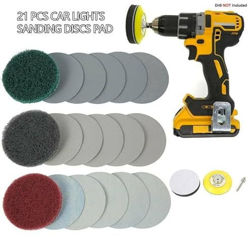 Kit de 21 almohadillas de lijado y pulido de restauración de faros, esponja de pulido de 3 pulgadas con placa de pegamento y adaptador de broca, discos impermeables de grano múltiple para taladro de