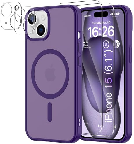 YNMEacc 5 in 1 Magnetic for iPhone 15 Case 6.1-Inch with 2X Screen Protector + 2X Lens Protector, [Compatible with MagSafe] Military-Grade Protection, Slim Shockproof Anti-Scratch Cover - Purple
