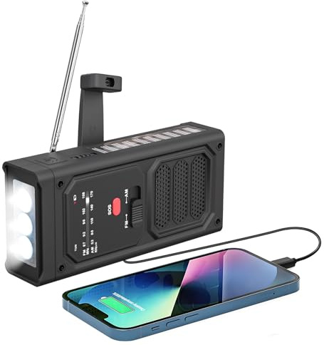 Radio a Manovella Solare d'Emergenza, Radio Solare AM/FM con Allarme SOS & Torcia LED, USB Power Bank 2000mAh, Radiolina Portatile per Blackout, Campeggio, Escursionismo ed Emergenze – Nero