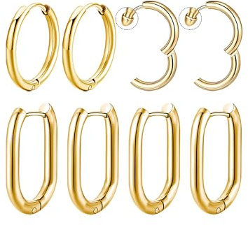 Mochity 4 Paires Boucles d'oreilles Creoles Pour Femmes, 16/18/20/21mm Creole Créoles Ovales Or Argent, Boucles d'Oreilles Ovales En Acier Inoxydable, Bijoux Femme