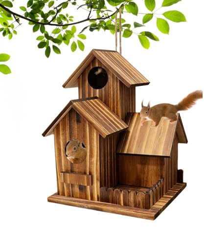 Genikeer Eichhörnchen-Futterstation für den Außenbereich - DREI-Kammer Design aus Holz für die Futterstelle im Außenbereich,Futterhaus mit klappbarem Dach und Sitzbank | Für Garten, Terrasse, Balkon,