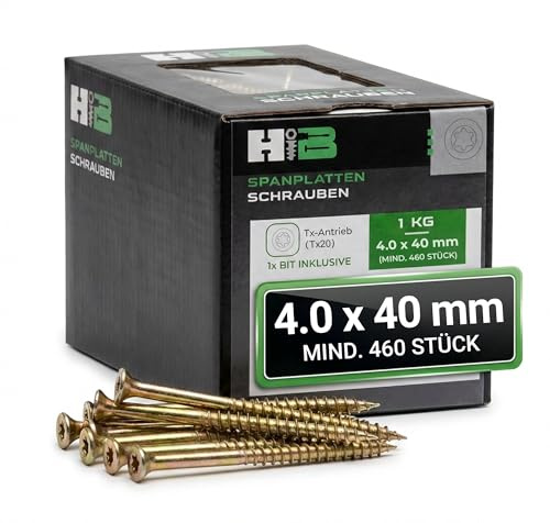 Spanplattenschrauben 4,0 x 40 mm, 1 kg, ca. 460 Stück, TX20, Senkkopf, Fräsrippen, Teilgewinde, gelb verzinkt, inkl. 1x Bit, Holzschrauben