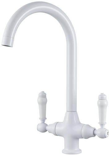 Peppermint White Kitchen Tap - Dual Lever Monobloc Design with 360 Degree Swivel Spout, Brass Traditional Kitchen Mixer Taps for 1 Hole Sink, UK Standard Fittings