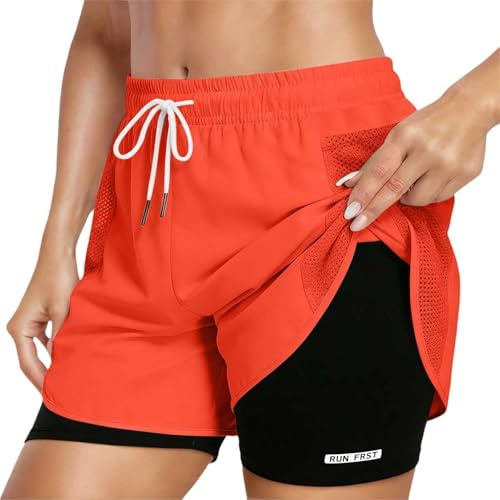 Short de Sport Femme 2 en 1 Taille Haute avec Doublure et Poches Zippées, Short de Course Respirant pour Yoga Gym Fitness Tennis Musculation