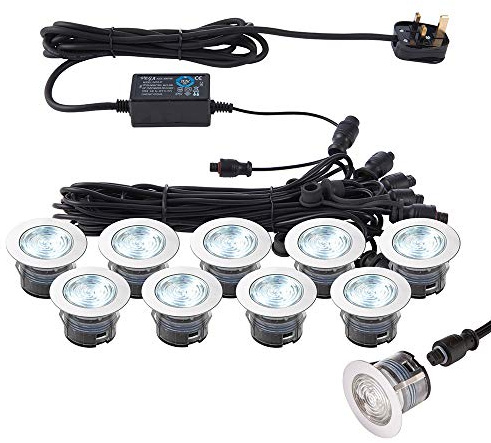 National Lighting IKON PRO Pack of 10 Colour Changing (CCT) Daylight White & Blue LED 45mm Round Stainless Steel Outdoor Garden Decking Pathway Kitchen Plinth Lights Kit - IP67