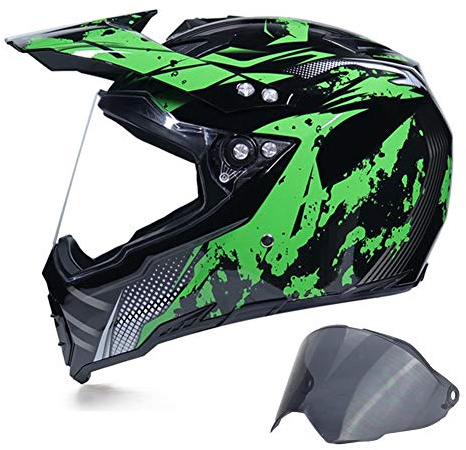 MRDEAR Helansikte offroad hjälm herr svart grön motocrosshjälm med visir (2 stycken, UV-skydd) motorcykelhjälm motorcykel crosshjälm MTB-hjälm downhill enduro quad, justerbar ventilation, M