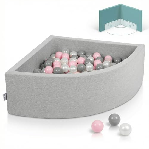 KiddyMoon Eckiges Viertel Bällebad 90x30cm mit 200 Bälle 7 cm Schaumstoff Bällepool für Baby und Kleinkinder - Hellgrau: Perle Grau Transparent Puderrosa