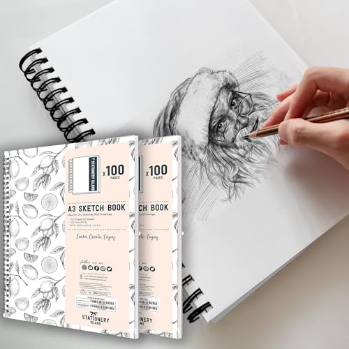 Stationery Island Skizzenbuch A3 – 2er Pack, Hochformat A4 Zeichenblock mit Spiralbindung Artist Series mit 100 Seiten und 130 g/m² Papier – zum Zeichnen, Skizzieren, Scrapbooking und zeichenbuch