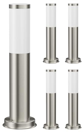 ledscom.de 5x Pollerleuchte PORU für außen, Edelstahl, rund, 38,5cm, inkl. E27 Lampe 3,99W extra-warm-weiß 471lm