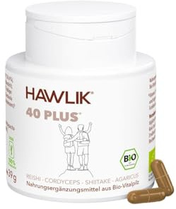 HAWLIK 40-Plus Bio Vitalpilzmischung 90 Kapseln, Mit Vitamin C, Kombination aus Reishi, Cordyceps Sinensis, Shiitake, Agaricus, Natürlicher Anbau, Vegan