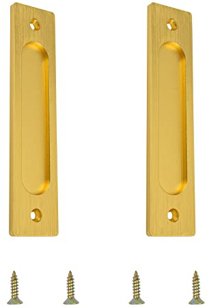 MOROBOR Poignées de porte coulissantes empotradas rectangulares, 2 piezas en aleación de aluminio dorado cepillado. Poignées de porte de placard con tornillos de montaje para puerta de granero