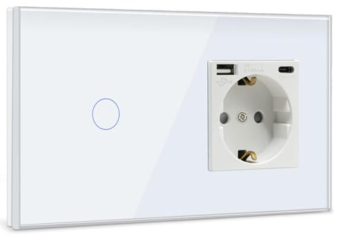 BSEED Touch Lichtschalter mit USB Steckdose Anschluss (Max. 2.1A) Typ C Port 1 Fach 1 Weg Wandschalter mit USB Steckdose Unterputz Lichtschalter mit Glasrahmen Weiß (Nicht Smart Schalter)
