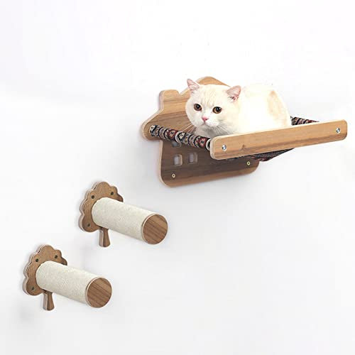 Premium 3er Set Wand Katzenbett mit Sisal Seil Pfosten Stufen - Große Katzenhängematte Wandmontage Massivholz Kitty Wandmöbel Katzenregale für Wand
