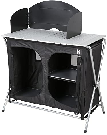 Hi-Gear Elite Kitchen Unit with 3 Sided Windshield, Work Surface & Zipped Doors, Easy to Assemble, Sturdy, Portable, Collapsible, Cupboard, Storage Table, Ideal for Camping and Festivals, Black