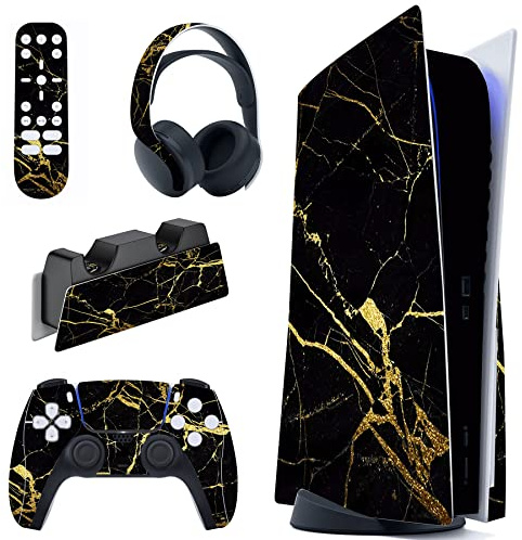 PlayVital Skin Stickers für ps5 Konsole Regular Edition,Aufkleber Vinyl-Skin Stickers Schutzfolie für PS5 Konsole,Controller,Ladestation,Headset,Medienfernbedienung-Schwarzer & Goldener Marmor-Effekt | Aufkleber für PS5, Standard-Konsole & Fernbedienung & Ladestation & Kopfhörer