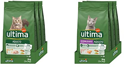 Ultima Pienso para Gatos Adultos con Pollo - 3 x 3kg: Total 9kg & Pienso para Gatos Esterilizados con Salmon - 3 x 3kg: Total 9kg