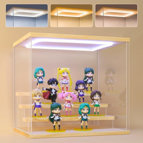 Acryl Vitrine mit LED Beleuchtung, 4 Stufen Holz Schaukasten für Figuren | 3-Farben-LED-Beleuchtung, Staubschutz, Innenmaß 4 Stufen, 32,2×24×30cm, Für Figuren & Sammlerstücke