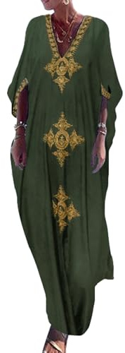 Bsubseach Gold Embroidery Long Kaftan Dresses V Neck Caftan Dress Beach Cover Ups for Women Army Green