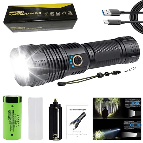 Leikurvo Torcia a LED: 1500 lumen, ricaricabile, tipo C, estremamente luminosa, funzionamento a batteria, IP65, impermeabile, 5 modalità di illuminazione, zoombar 26650, batteria per attività