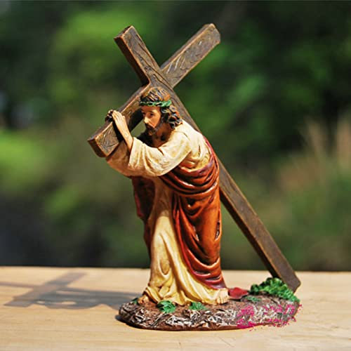 Harz Jesus Statue, Jesus-Statue Mit Kreuz, Handbemalte Jesus Figuren Desktop Ornament, Religiöse Jesus Statuen Mit Jesus, Der Das Kreuz Zum Kalvarienberg Trägt, Katholische Raumdekoration (12cm)