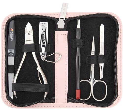 DREI SCHWERTER - Germany 6-tlg. Maniküreset 'Torino' | Nagelpflegeset im Kunstlederetui rosa | Inhalt: Hautschere, Nagelknipser, Nagelzange, Pinzette, Saphirnagelfeile, Nagelhautentferner