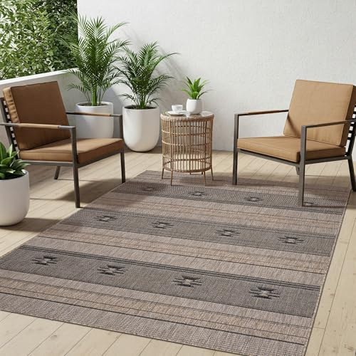 TAPISO Melissa Outdoor Teppich Braun Schwarz Sisal Flachgewebe Indoor Wohnzimmer Küche Flur Balkon Terrasse Wetterfest Wasserfest ÖKO-TEX 60 x 100 cm