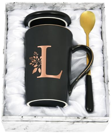 Joymaking Taza personalizada con letras con motivo de flores, taza de café con inicial de nombre, regalos personales, taza de café para mujeres y amigas, L - 400ml Negro
