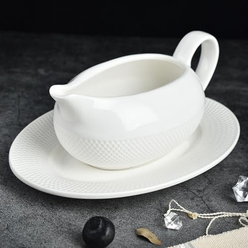Shenrongtong Sauciere, Sauciere und Untertasse, Soßenbehälter aus weißem Porzellan, Tellergeschirr, Soßenschale mit Tablett, Keramik-Servierkrug für Soße und Salatdressing