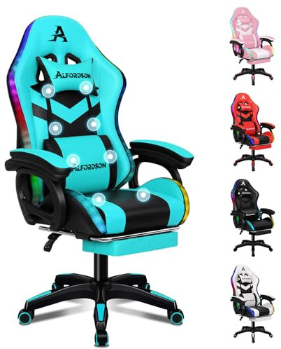 ALFORDSON Gaming Stuhl, Racing Gamer Stuhl mit LED RGB Beleuchtung, Massaging Computersessel mit Fußstütze, Ergonomischer Drehstuhl mit hebelbetätigter Rückenlehne, Cyan