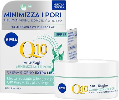 NIVEA Q10 Anti-Rughe Minimizzante Pori Crema Giorno Extra Leggera SPF 15 50 ml, Crema viso antirughe, idratante e opacizzante, Crema viso pelle mista con Coenzima Q10 ed Estratti di Alga e Aloe